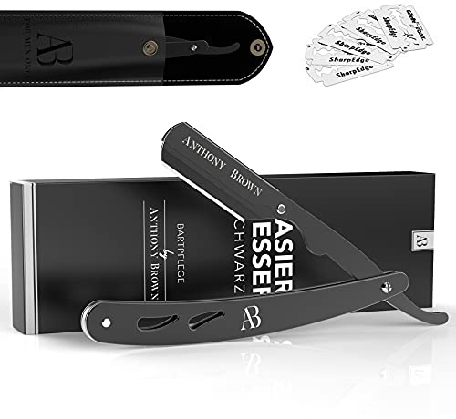Anthony Brown® Rasiermesser Herren Edelstahl mit Wechselklinge und Etui, Shavette für präzise Nassrasur und Bartkonturen (Schwarz)