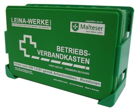 LEINA-WERKE 20001 Betriebsverbandkasten Klein DIN 13157, + Wandhalterung, Grün, -1- Stück