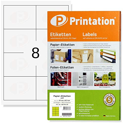 Printation Adressetiketten selbstklebend 97 x 67,7 mm blanko weiß - 800 Versandetiketten 97x67,7 Aufkleber auf 100 DIN A4 Bogen 2x4-8 pro Blatt - Etiketten Klebeetiketten Adressaufkleber 3660 4782