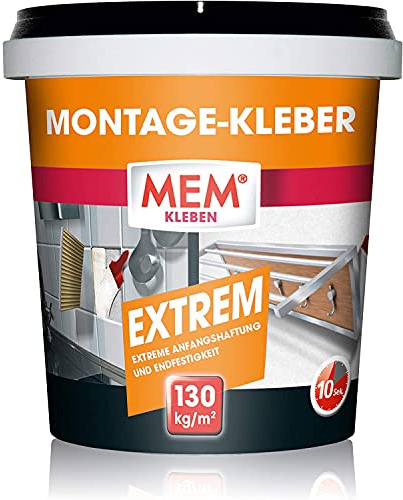 MEM Montage-Kleber Extrem, Pastöser Dispersionsklebstoff, Hohe Anfangshaftung und Endfestigkeit, Für Verschiedene Untergründe, Lösemittelfrei, Inklusive Spachtel, 1 kg-Dose, Weiß