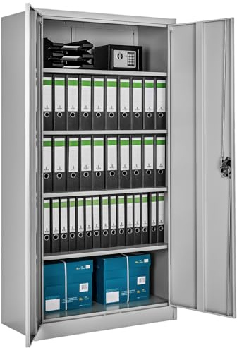tectake® Aktenschrank, 180 x 90 x 40 cm, Büroschrank abschließbar, Mehrzweckschrank aus Stahl, Allzweckschrank, mit 2 Türen, Ink. 5 höhenverstellbare Einlegeböden, Aktenschrank abschließbar - grau
