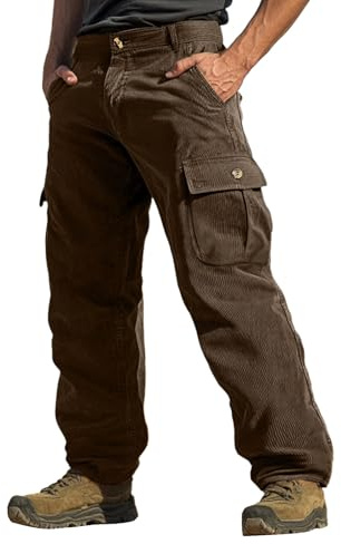 SOOUICKER Cargohose Herren Cord Vintage Cordhose Baggy Outdoor Arbeitshosen Männer Cargo Stretch Wanderhose mit Seitentaschen Weit Trekkinghose Lang Viele Taschen