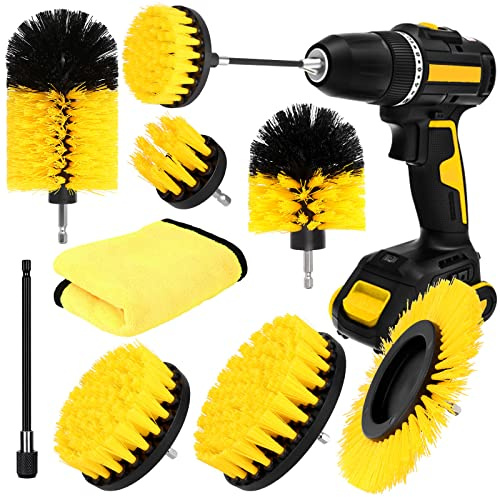 Aokyom Bürstenaufsatz Bohrmaschine Set 8 Stück Bohrbürsten Reinigungsbürste | Befestigung Reinigungsbürste Power Scrubber Reinigung Kit Felgenbürste Set für Felgen Fliesen Küche Böden Badewanne, Gelb