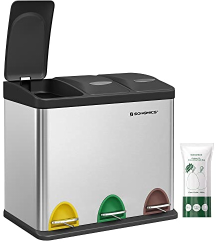 SONGMICS Mülleimer für die Küche, Treteimer mit 3 Fächern, 3 x 8 Liter | Abfalleimer Mülltrennsystem, mit Inneneimern und 6 Aufklebern, silber-tintenschwarz, ISLAND Kollektion LTB24L