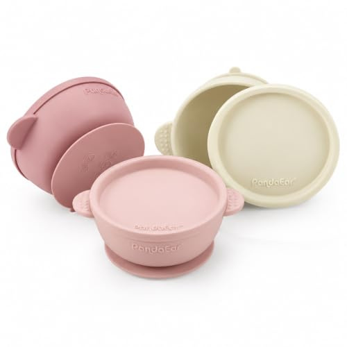 PandaEar 3 Stück Breischale Baby schüssel mit Saugnapf und Deckel für Kinder Kleinkinder Säuglinge - Auslaufsicher Silikon Kinderschüssel Babygeschirr - Weich Sicher BPA-frei - Leinen Braun Beige
