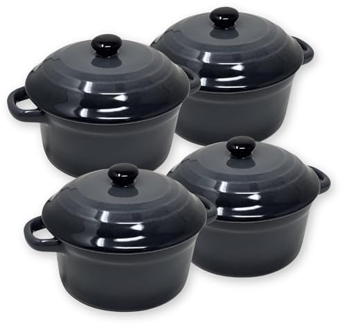ToCi 4 x kleine Auflaufschalen mit Deckel | Mini Ofenformen aus Keramik 200 ml | Runde Förmchen Ø 10 x 5 cm | kleine Auflaufform | Farbe: Anthrazit im 4er-Set