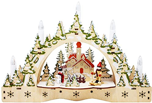 ToCi LED-Kerzenbogen mit Skifahrt-Motiv – Schwibbogen aus Holz mit 5 LED-Kerzen - Handbemalter Lichterbogen für Fensterdeko & Tisch - Batteriebetriebene Weihnachtsbeleuchtung für Innen
