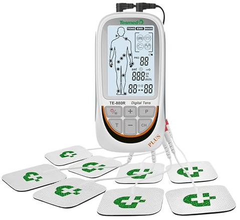 TESMED TE-880R Plus TENS EMS Gerät: Wiederaufladbarer Muskelelektrostimulator, Reizstromgerät mit TENS Gerät Schmerztherapie, EMS & Massagefunktion, 73 Programme (2 anpassbar), 8 Elektroden