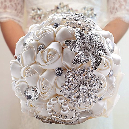 Fouriding Handgemachte Brosche Brautstrauß Braut Satin Rosen Blumen Strass Perlen Blumensträusse Hochzeit Strauß Künstliche Blumenstrauß künstlicher Rosenstrauß Dekoration (Creystal Creamy White)