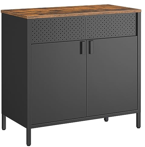 SONGMICS Aufbewahrungsschrank, Metallschrank, mit Doppeltür, Magnetverschluss, Verstellbarer Einlegeboden, Stahlgestell, 40 x 80 x 76 cm, vintagebraun-schwarz LSC102B01