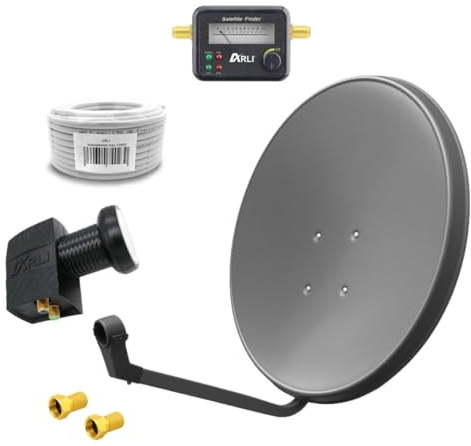 60 cm HD Sat Anlage Twin LNB + 15 m Koaxialkabel 135 dB + Satfinder + 2 F-Stecker Digital 2 Teilnehmer Antenne grau UHD 4K