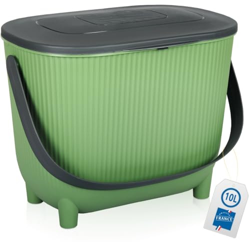 Premium Komposteimer 10L Küche Biomüll Behälter Bio Mülleimer mit Deckel und Aktivkohlefilter (Grün/Dunkelgrau)