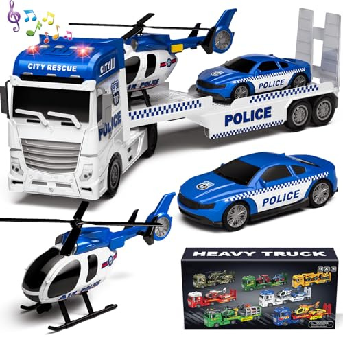 Tacobear Polizei Lastwagen Spielzeug Geschenke ab 2 3 4 5 Junge groß LKW Spielzeug & Hubschrauber Polizeiauto Abnehmbar Anhänger, Reibungsbetrieb Autotransporter Spielzeug Geschenkideen Kinder Jungen