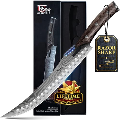 SYOKAMI 27 cm Fleischermesser im japanischen Stil, gebogene Tranchiermesser mit durchgehendem Holzgriff, Damastmuster, rasiermesserscharf, inkl. Geschenkbox – ideales Geburtstagsgeschenk für Männer