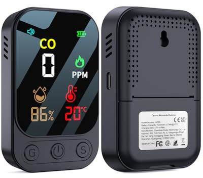 CO-Melder,YEREADW 3-in-1 tragbarer Kohlenmonoxid-Mel,Wiederaufladbarer Kohlenmonoxid-Detektor mit Temperatur- Luftfeuchtigkeitsanzeige, Tragbar für Zuhause, Wohnwagen Camping(Schwarz)