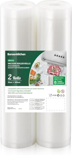 Bonsenkitchen Vakuumierbeutel 2 Rollen 30x600 cm- Profi Vakuumrollen für Vakuumierer, Lebensmittel Vakuumbeutel für Vakuumiergerät, Kochfest & Sous Vide Gefrierbeutel, BPA-frei, VB3216