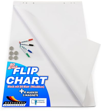 Master of Boards Flipchart Papier Zubehör-Set - Papier blanko Block mit 20 Blatt, 4 Marker Stifte, 5 Magnete - Grundausstattung für Flipcharts für Büro, Schule oder Zuhause