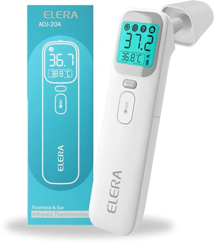 ELERA Fieberthermometer Ohr, Fieberthermometer Kontaktlos mit Vier Messmodi und Vierfarbiger Temperaturanzeige, Stirnthermometer Baby mit 1 Sekunde Messzeit und 40 Speicherfunktionen