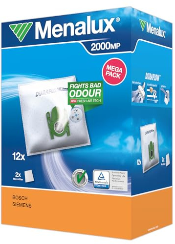Menalux 2000 MP 12 Staubbeutel (Synthetik Staubbeutel, hohe Saugleistung & Filtration, Hygieneverschluss, Anti-Geruch, neutralisiert Gerüche, reißfest, +50% Lebensdauer, weiß)