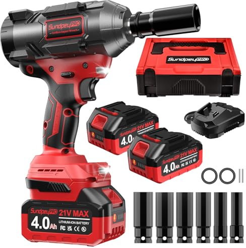 SundpeyPRO 1500Nm Akku Schlagschrauber, 21V Bürstenloser Schlagschrauber mit 2 * 4000mAh Li-Ion Akkus, 2800U/min Impact Wrench mit 6 Stecknüssen & Schnellladegerät & 2 LED Licht für Auto und Haushalt