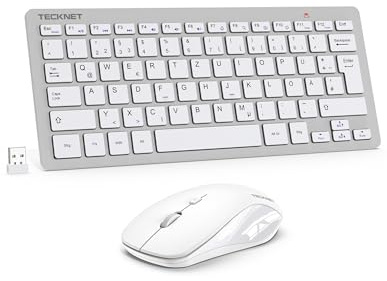 TECKNET Kabelloses Tastatur Maus Set, Deutsch QWERTZ Layout, 2.4 GHz Funk Mini Tastatur Mouse, 15m Reichweite Verbindung, Wireless Leise Funktastatur mit Maus für PC, Laptop, Smart TV, Silber