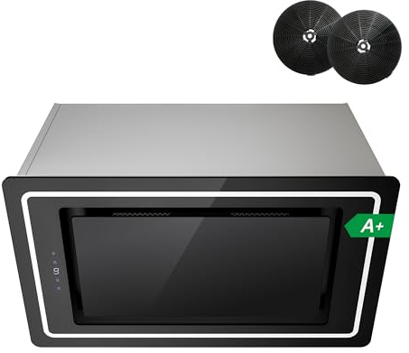 FIREGAS Einbau-Dunstabzugshaube, Schwarz, 52 cm - 450 m³/h, Energieklasse A+, 9 Geschwindigkeiten, Touch-Steuerung, LED-Streifen, Abluft/Umluft, mit Aktivkohlefilter