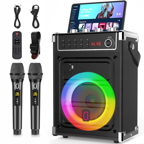 JYX Karaoke Maschine mit 2 UHF-Funkmikrofonen, Bluetooth-Lautsprecher mit Bass-/Höhen-Einstellung und LED-Licht, PA-Systemunterstützung TWS, AUX in, FM, Rec, Versorgung für Party/Erwachsene