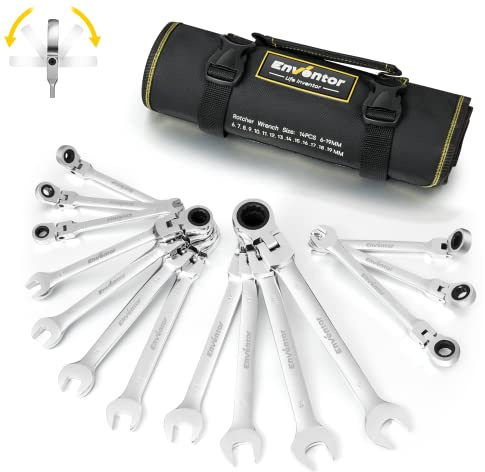 Enventor Schraubenschlüssel-Ratschenset, 14-teilig, 6-19mm, Ringmaulschlüssel, Gabelschlüssel-Ringmaul-Schlüssel-Set, 72 Zähne, 5° Schwenkbereich, Chrom-Vanadium-Stahl, Oxford-Tasche