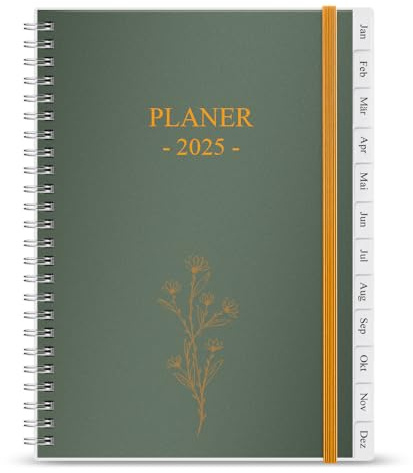 Terminplaner 2025 - Januar 2025 bis Dezember 2025, Kalender 2025 bis 30 Minuten-Intervalle, A5 Wochenplaner mit Monatsregistern, einfache Organisation des täglichen Lebens, 14,8×21cm, Gold Flower