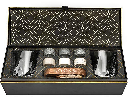Whiskey Steine Geschenkset - 6 Handgefertigte Premium-Granitsteine, 2 außergewöhnliche Kristallgläser, Präsentations- und Aufbewahrungstablett aus Hartholz, Elegante Geschenkbox mit Goldfolie