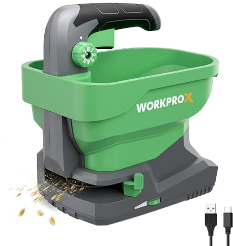 WORKPRO Akku Düngerstreuer 7,2V, Handstreuer für Rasendünger mit 2,5 L Behälter, 8-stufige Streumengenregelung, Streuwinkel bis 127°, deckt bis zu 600 m² Saatfläche, Kabellos & Tragbar
