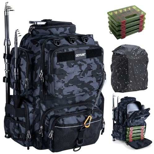Goture Angelrucksack 45L mit 4 Köderboxen, 2 Rutenhaltern, Regenschutz | 900D Oxford-Gewebe, wasserabweisend, verstellbares Fach, ideal für Angeln, Camping & Outdoor-Abenteuer