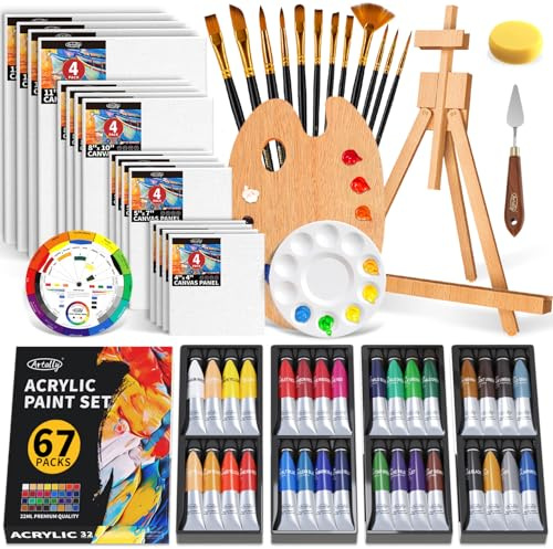 ARTALLY Acrylfarben-Set für Erwachsene und Kinder, 67-teiliges Leinwand-Malset, 32 Farben Acrylfarbe (22 ml), Tischstaffelei, Pinsel, Leinwand, Kunstmalerei-Set für Studenten, Künstler, Anfänger