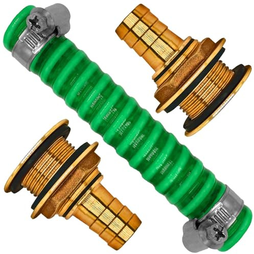 MegaHaustechnik Regentonnenverbinder Set aus Messing für Lochdurchmesser 34mm, mit Schlauchtülle Außen∅ 19mm, Spiralschlauch Länge 50cm mit Schlauchschellen aus Edelstahl, Tankverschraubung