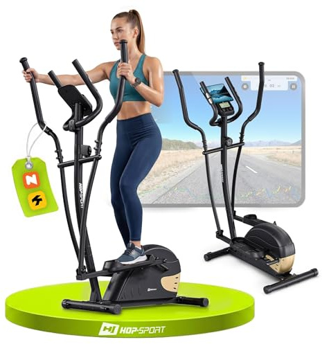 Hop-Sport Crosstrainer Focus Schwarz-Gold - Ellipsentrainer für Zuhause mit Trainingscomputer, Pulssensoren & Tablethalterung, Kompakte Fitnessgeräte, Max. Benutzergewicht 120 kg