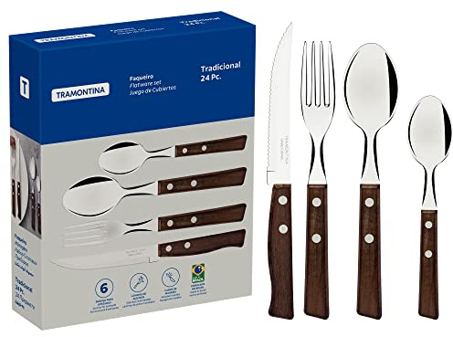 Tramontina Besteckset Tradicional, 24-tlg, 6 Personen, Edelstahl, Rostfrei | Steakbesteck mit Steakmesser mit Wellenschliff, Menügabeln, Menülöffel, Kaffeelöffel, Naturholzgriffe