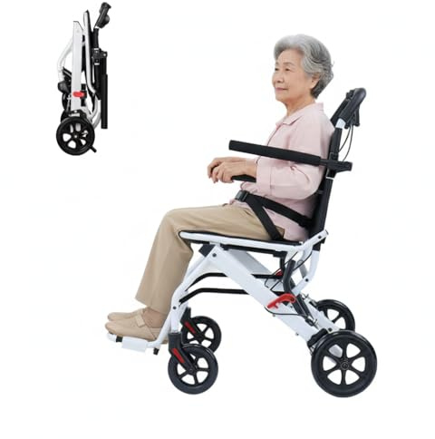 Ultraleichter faltbarer Reiserollstuhl mit Handbremse, leichter 8,2 kg Kohlenstoffstahlrahmen, 280° drehbare Räder, verstellbarer Sicherheitsgurt, tragbarer Outdoor-Rollstuhl für Reisen mit dem