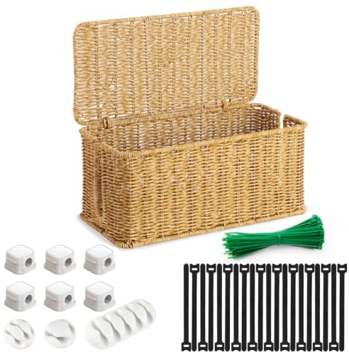 Vivipayo Kabelbox, Rattan Kabelmanagement Box, Hand-Woven Wire Storage, Unter Schreibtisch Kabel Organizer Box, Kabelsalat Verstecken, Kabelorganizer Box Set, für Zuhause und Büro