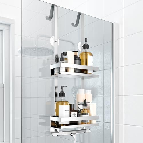 Laimew Duschablage ohne Bohren Badezimmer Organizer, Badregal Duschregal ohne Bohren, Duschablage zum Hängen für Glasduschtüren, Duschregal zum Hängen Shampoo Halterung für Dusche Silber