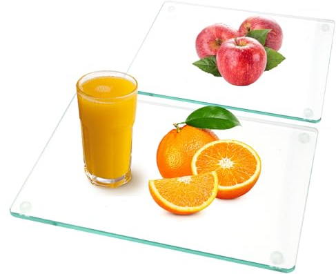 2PCS Schneidebrett Glas, Kratzfest Schneidbrett, Gehärtetem Schneidebrett mit Rutschfesten Silikonfüßen, Hitzebestädig Glasplatte Ideal für Küchenarbeitsplatte oder TischSchneidebrett(40x30cm+30x20cm)