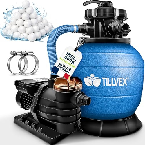 tillvex® Sandfilteranlage Pool 10 m³/h + 800g Filterbälle & 7-Wege Ventil | Filteranlage mit 2in1 Adapter Ø32 - 38mm | Sandfilter Poolfilteranlage Selbstansaugend | Poolfilter mit Druckanzeige & Pumpe
