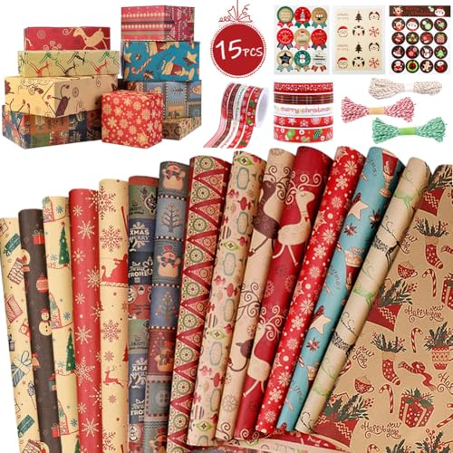 OEMG Geschenkpapier Weihnachten Set - 15 Weihnachtsgeschenkpapier Vintage 70x50cm Weihnachtspapier Recycelbares, mit 37 Weihnachtssticker, 5 weihnachtsband, 3 Paketschnur 5m - (15 Blätter)