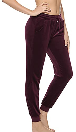 Aottori Velours Jogginghose Damen Nicki Hose Lang Sporthose Warme Frauen Freizeithose Sweatpants Trainingshose Jogging Hosen Damenhose Weinrot L