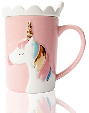 BigNoseDeer Keramik Tassen Einhorn Becher,Kaffeetasse Milch Teetassen mit Spitzendeckel und Löffel für Kinder, Frauen, Mädchen