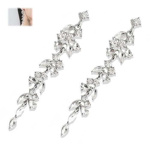 AzureRay Lange Strass Ohrringe, Silber Blatt Kristall Tropfen Baumeln Damenohrringe, Kronleuchter Design für Hochzeit, Braut & Abendmode, Elegant & Glitzernd
