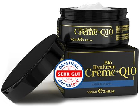 BIO Hyaluron Creme Gesicht + Q10-100ml - mit natürlichem UV-Schutz • Anti Falten Creme hochdosiert • Anti Aging Creme Frauen u. Männer +Sheabutter +Mandelöl Antifaltencreme Made in Germany