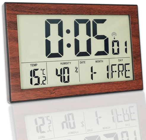 Crosstime Wanduhr Digital, Funkuhr mit Innentemperatur & Luftfeuchtigkeit, Wochentag, Datum, Hintergrundbeleuchtung, Kunststoff, 20,1 x 12,4 x 1,2cm (Holzoptik)