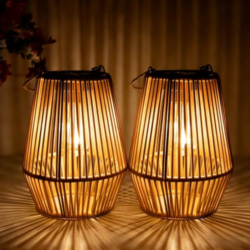 Solar Laternen für Außen, 2 Stück Handgewebtes Rattan Solarlampen für Außen Hängend, IP65 Wasserdicht Geschenke für Frauen Mutter Großmutter Solarlaterne für Garten, Balkon, Rasen, Balkon Deko