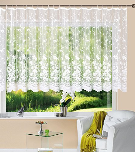Gardine Store Kurzstore Jacquard Koblenz HxB 145x450 cm Kräuselband Universalband Weiß Blumenmuster Transparent Voile Vorhang Wohnzimmer