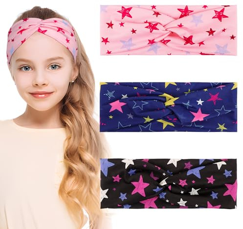 BETESSIN 3Stk. Stirnband Mädchen Kinder Haarband Sternen Elastisches Kopfband Sternenmuster Breite Haarreif mit Knoten Haarschmuck Kopfschmuck für Schule Sport Freizeit in 3 Farben